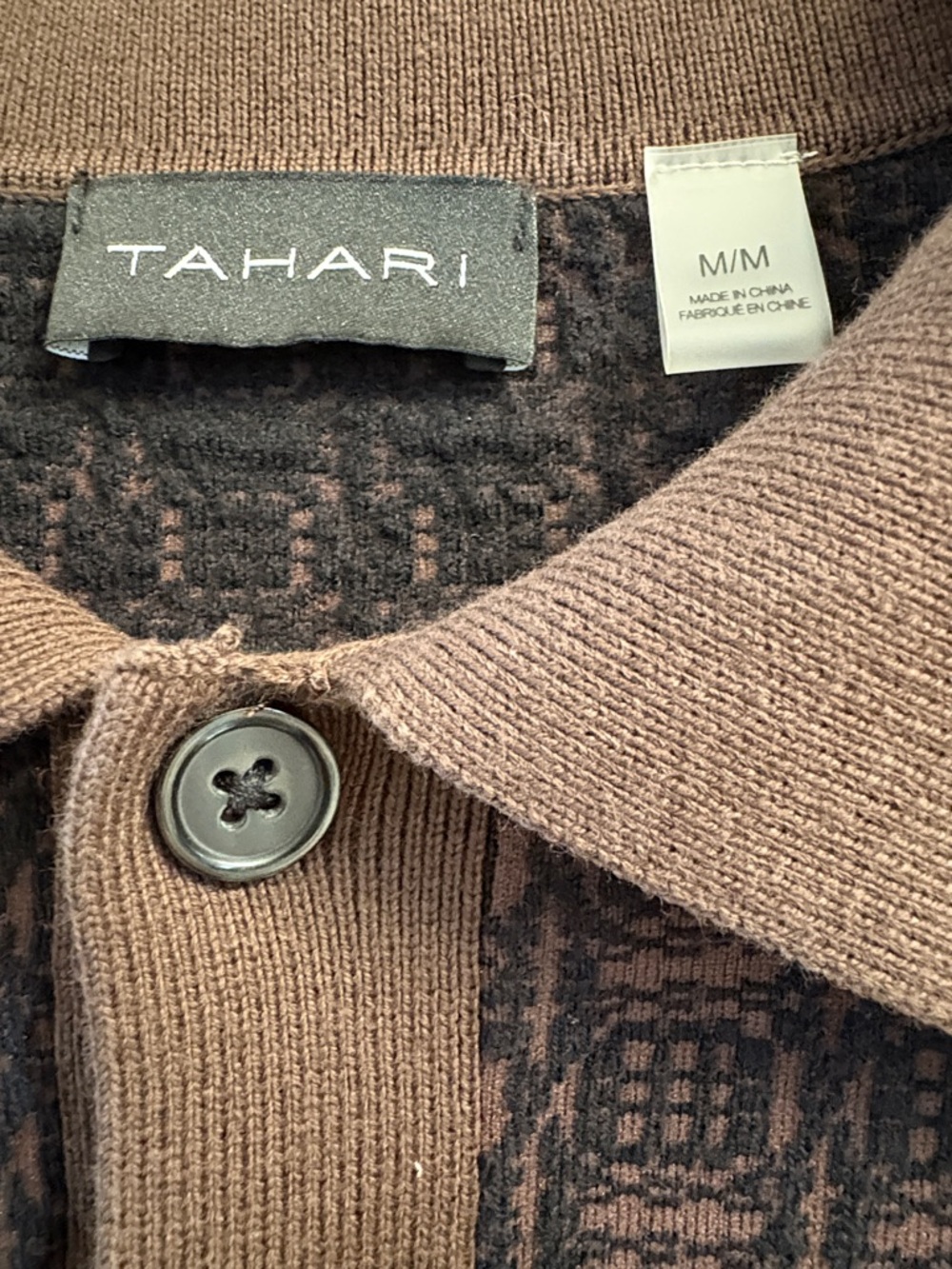 Tahari Two-Tone Brown and Black Textured, button up, polo styled knit shirt - Picture 3 of 6